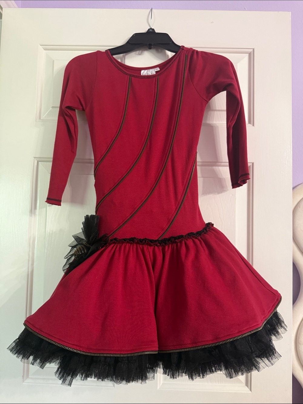 Ooh! La, La! Couture Red Long-Sleeve Tutu Dress, Black Tulle and Zipper Accents